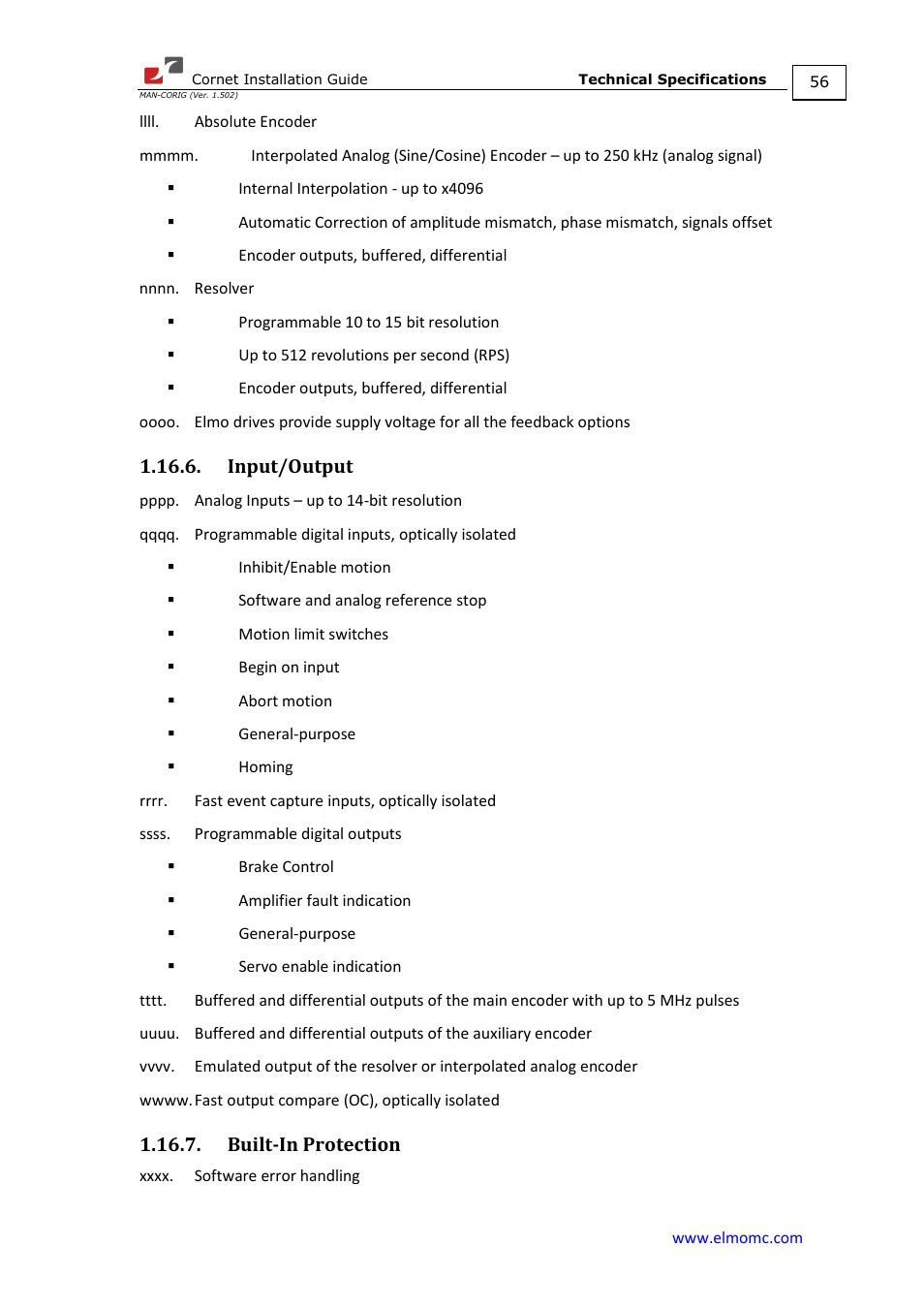 Input/output, Built-in protection, Input/output 1.16.7. built-in protection | ElmoMC AC Input Digital Servo Drives-Bassoon Cable Kit User Manual | Page 56 / 72