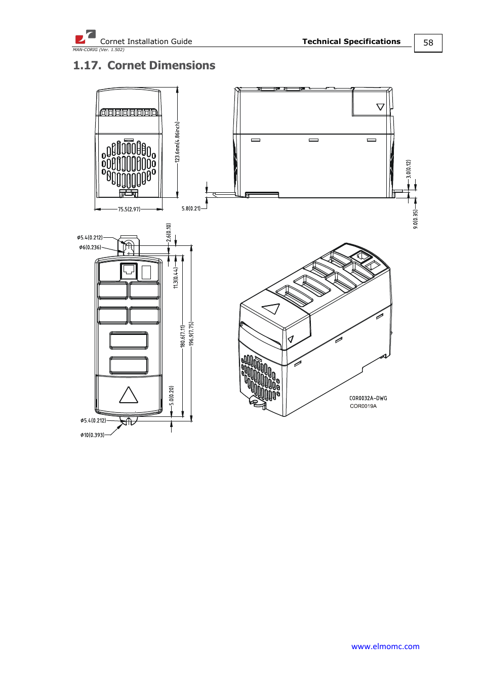 Cornet dimensions | ElmoMC AC Input Digital Servo Drives-Bassoon Cable Kit User Manual | Page 58 / 72