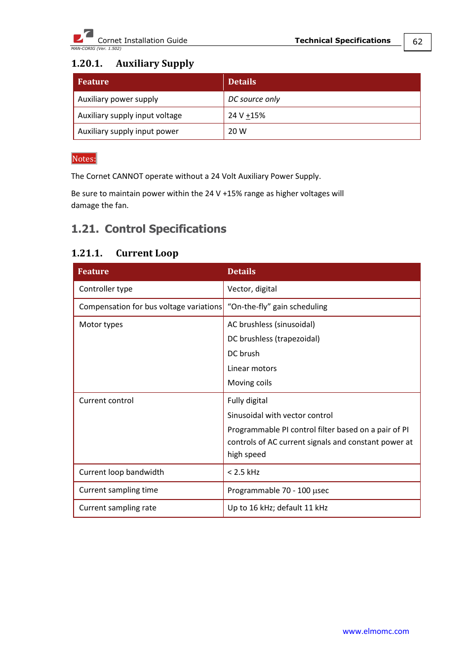 Auxiliary supply, Control specifications, Current loop | ElmoMC AC Input Digital Servo Drives-Bassoon Cable Kit User Manual | Page 62 / 72