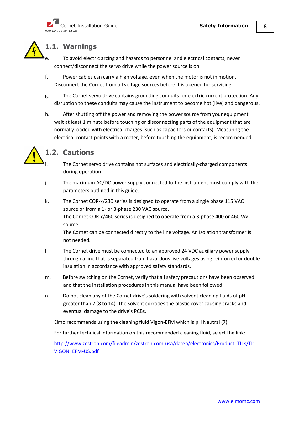 Warnings, Cautions, Warnings 1.2. cautions | ElmoMC AC Input Digital Servo Drives-Bassoon Cable Kit User Manual | Page 8 / 72
