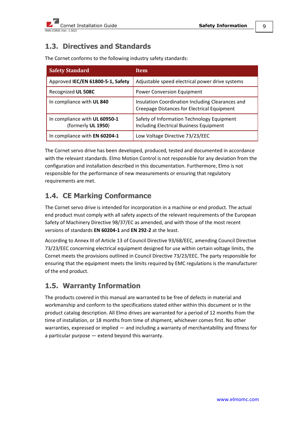 Directives and standards, Ce marking conformance, Warranty information | ElmoMC AC Input Digital Servo Drives-Bassoon Cable Kit User Manual | Page 9 / 72