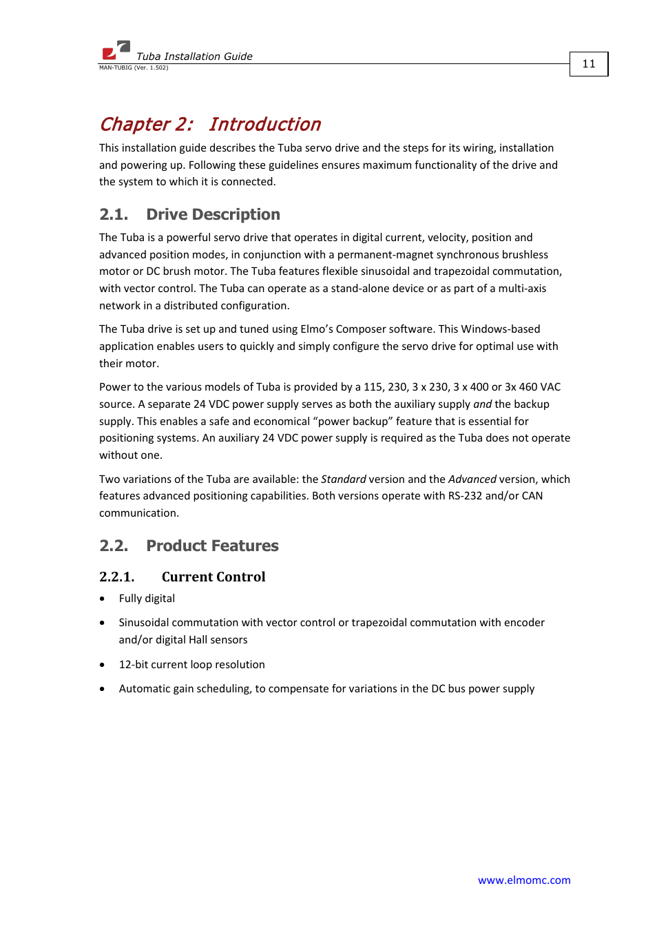 Chapter 2: introduction, Drive description, Product features | Current control, Chapter 2, Introduction, Drive description 2.2. product features | ElmoMC AC Input Digital Servo Drives-Tuba User Manual | Page 11 / 79