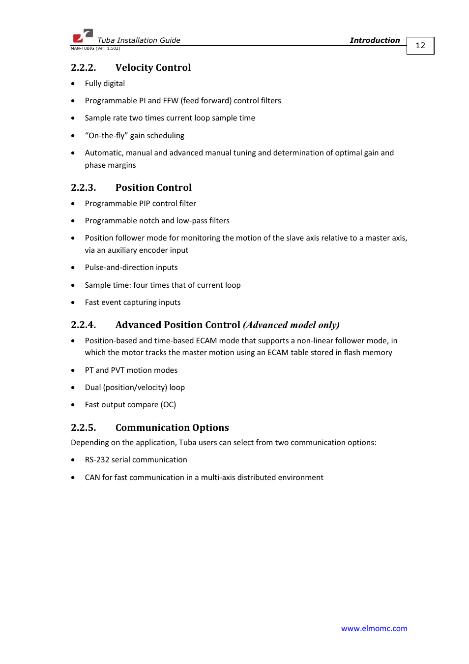 Velocity control, Position control, Advanced position control (advanced model only) | Communication options | ElmoMC AC Input Digital Servo Drives-Tuba User Manual | Page 12 / 79