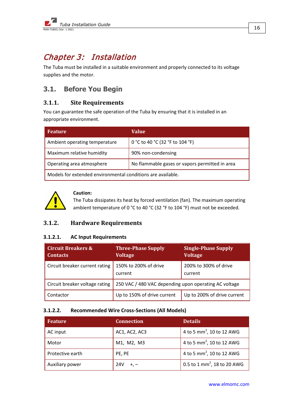 Chapter 3: installation, Before you begin, Site requirements | Hardware requirements, Ac input requirements, Recommended wire cross-sections (all models), Chapter 3, Installation, Site requirements 3.1.2. hardware requirements | ElmoMC AC Input Digital Servo Drives-Tuba User Manual | Page 16 / 79