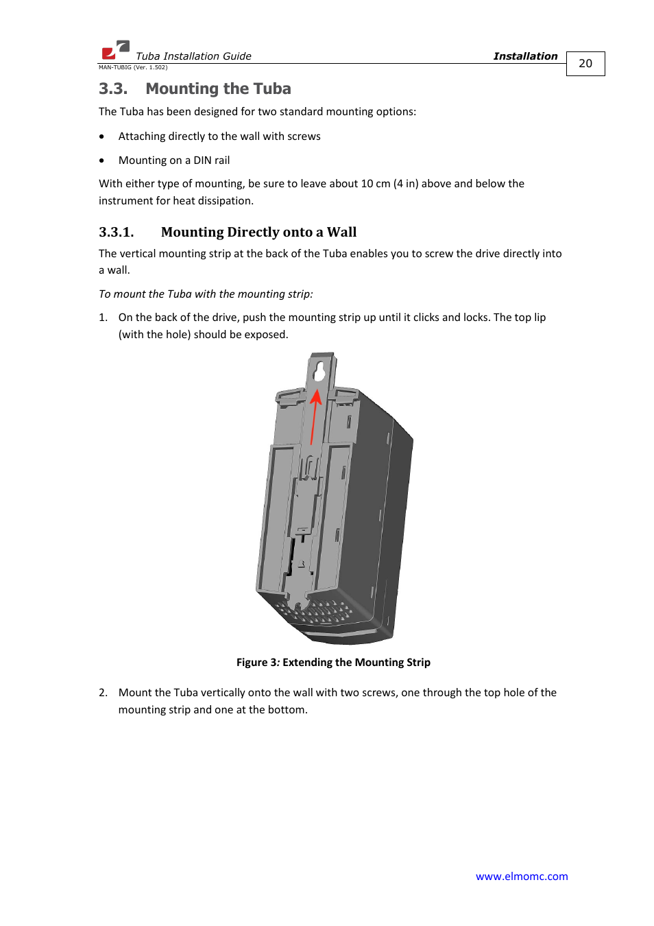 Mounting the tuba, Mounting directly onto a wall | ElmoMC AC Input Digital Servo Drives-Tuba User Manual | Page 20 / 79