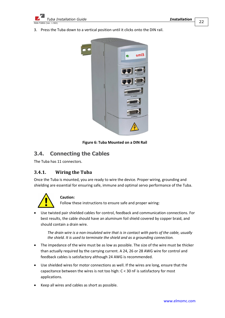 Connecting the cables, Wiring the tuba | ElmoMC AC Input Digital Servo Drives-Tuba User Manual | Page 22 / 79