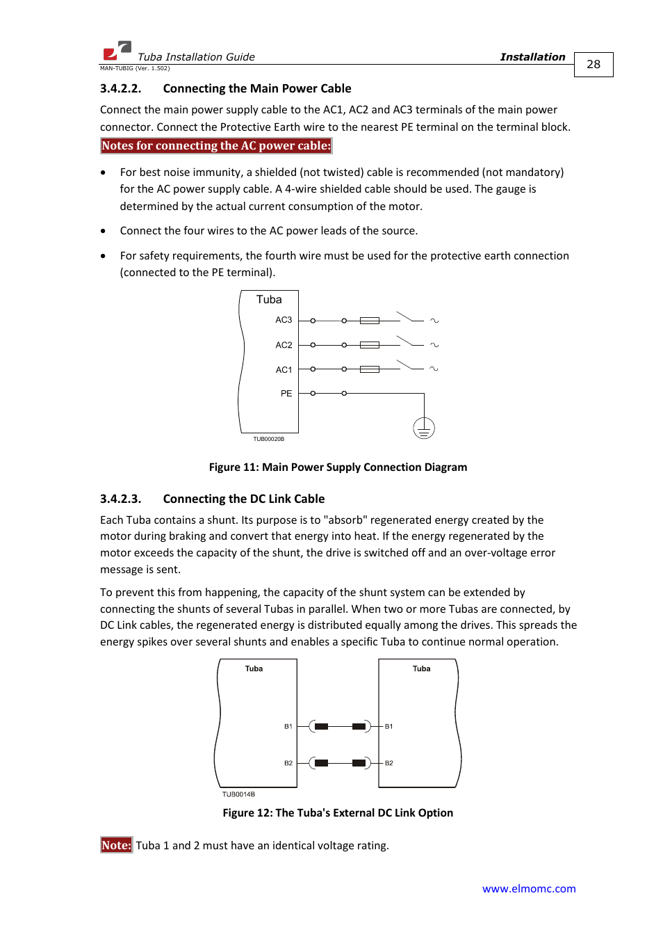 Connecting the main power cable, Connecting the dc link cable | ElmoMC AC Input Digital Servo Drives-Tuba User Manual | Page 28 / 79
