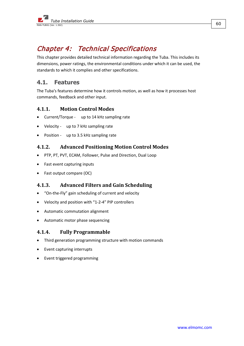 Chapter 4: technical specifications, Features, Motion control modes | Advanced positioning motion control modes, Advanced filters and gain scheduling, Fully programmable, Chapter 4, Technical specifications | ElmoMC AC Input Digital Servo Drives-Tuba User Manual | Page 60 / 79