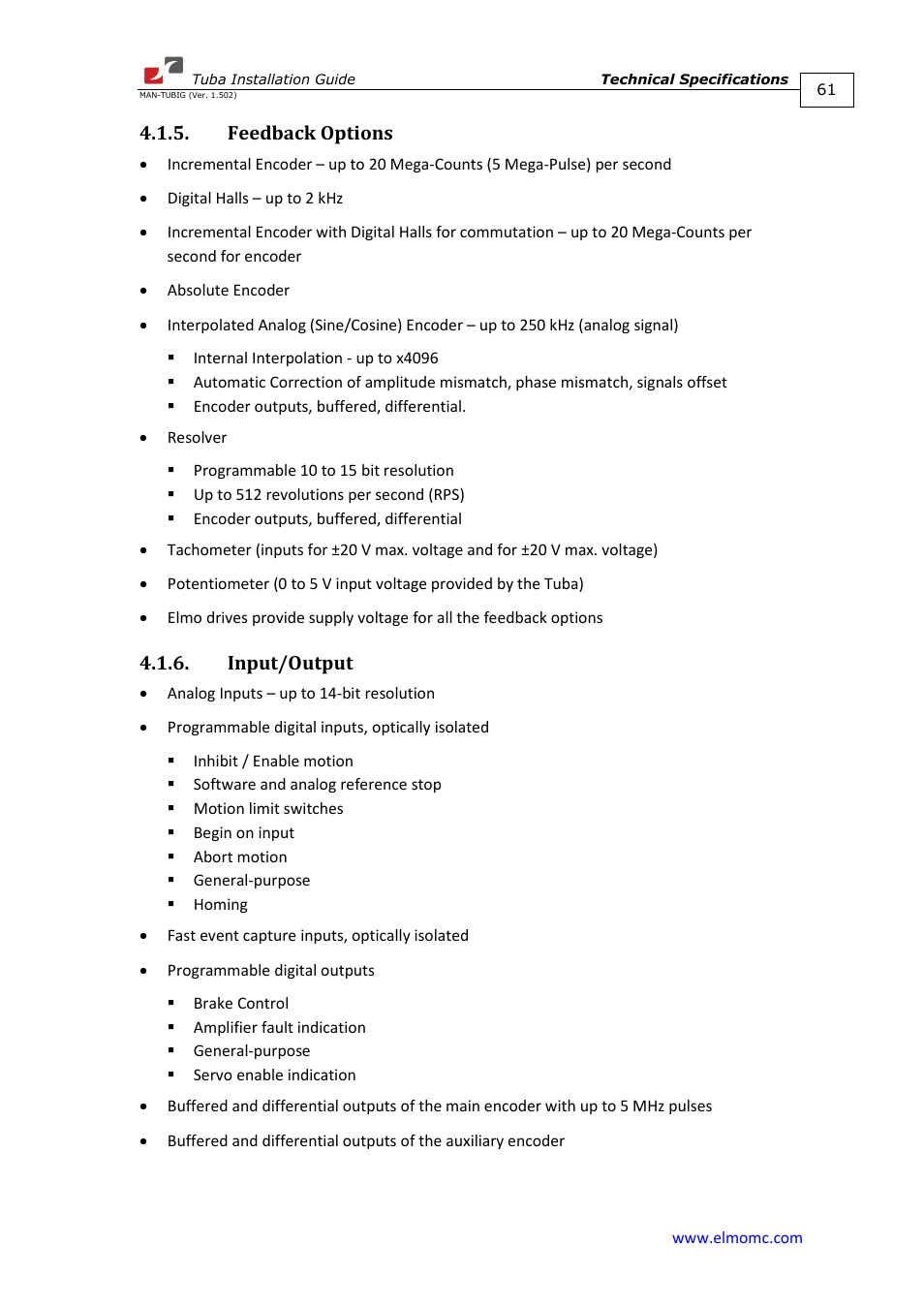 Feedback options, Input/output, Feedback options 4.1.6. input/output | ElmoMC AC Input Digital Servo Drives-Tuba User Manual | Page 61 / 79