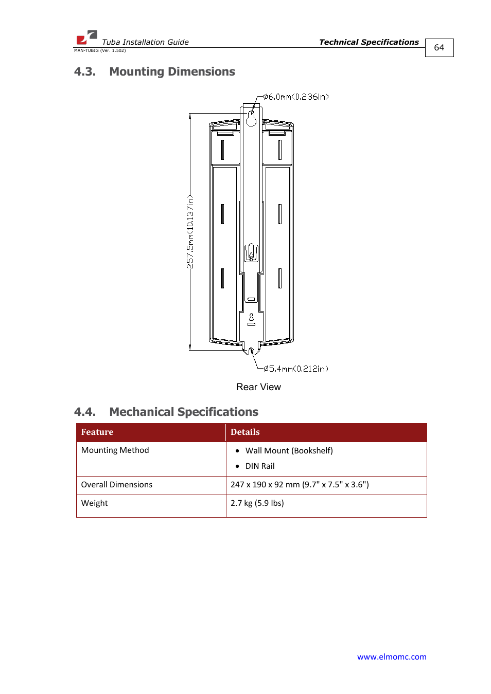 Mounting dimensions, Mechanical specifications, Mounting dimensions 4.4. mechanical specifications | ElmoMC AC Input Digital Servo Drives-Tuba User Manual | Page 64 / 79