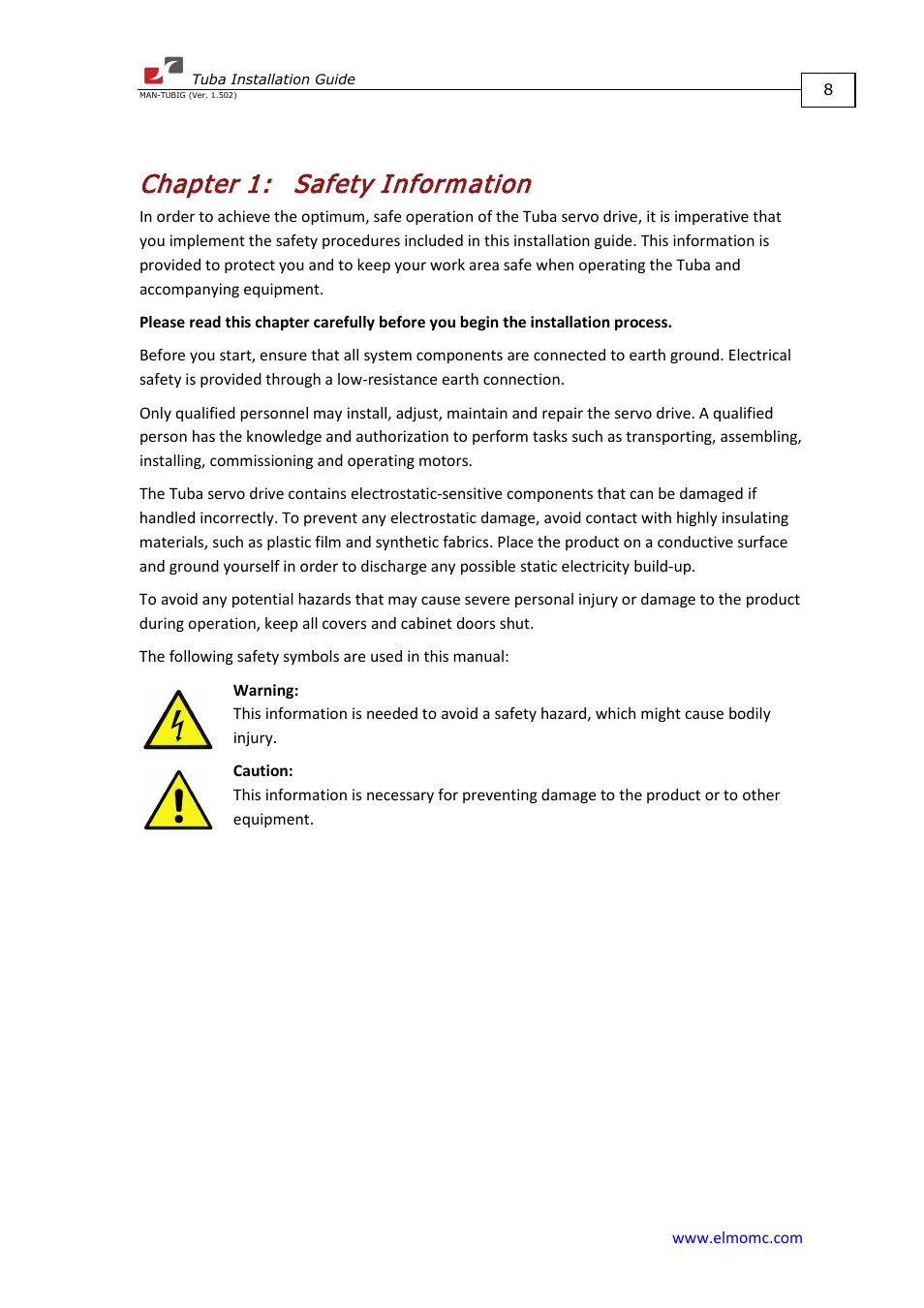 Chapter 1: safety information, Chapter 1, Safety information | ElmoMC AC Input Digital Servo Drives-Tuba User Manual | Page 8 / 79