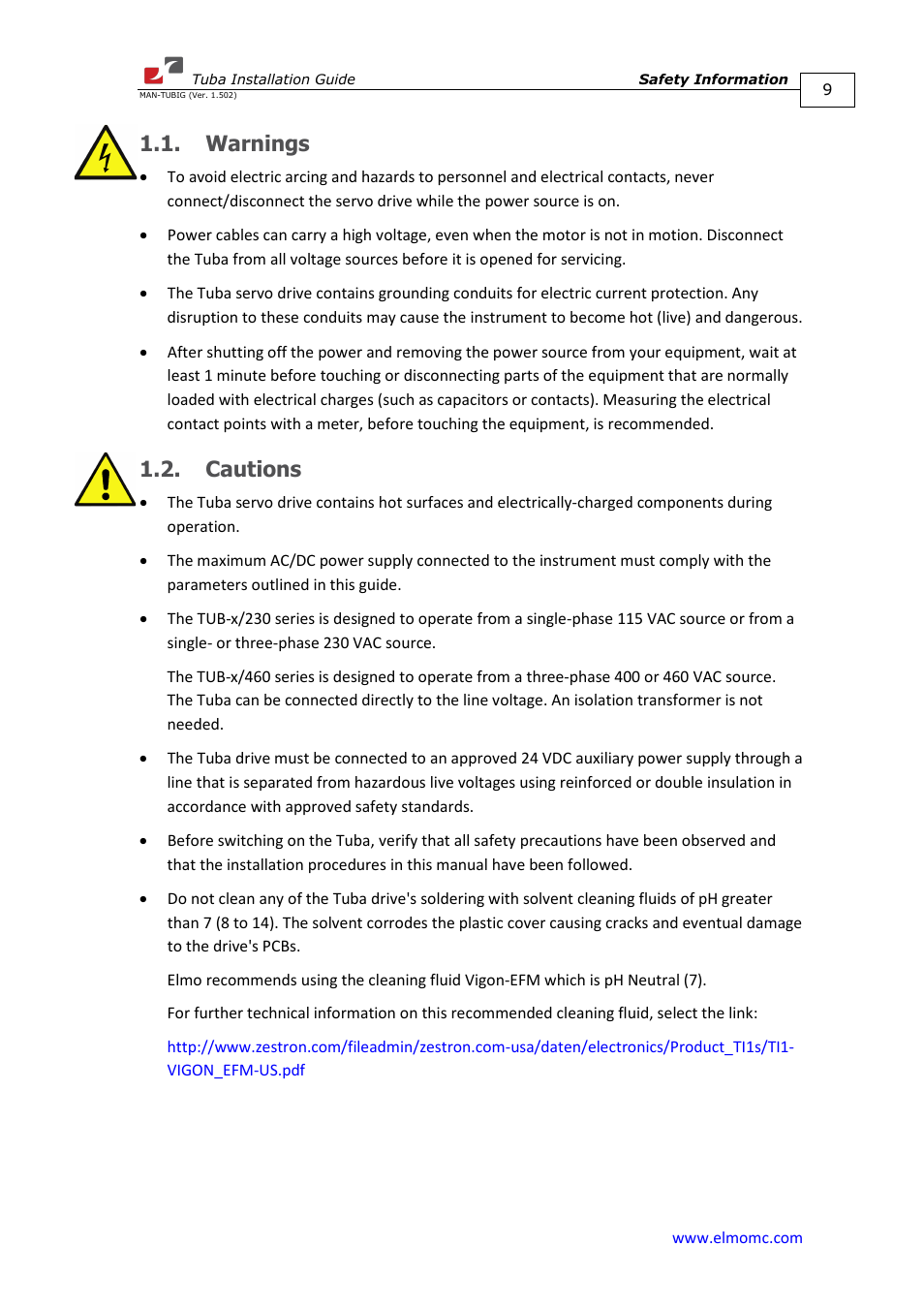 Warnings, Cautions, Warnings 1.2. cautions | ElmoMC AC Input Digital Servo Drives-Tuba User Manual | Page 9 / 79