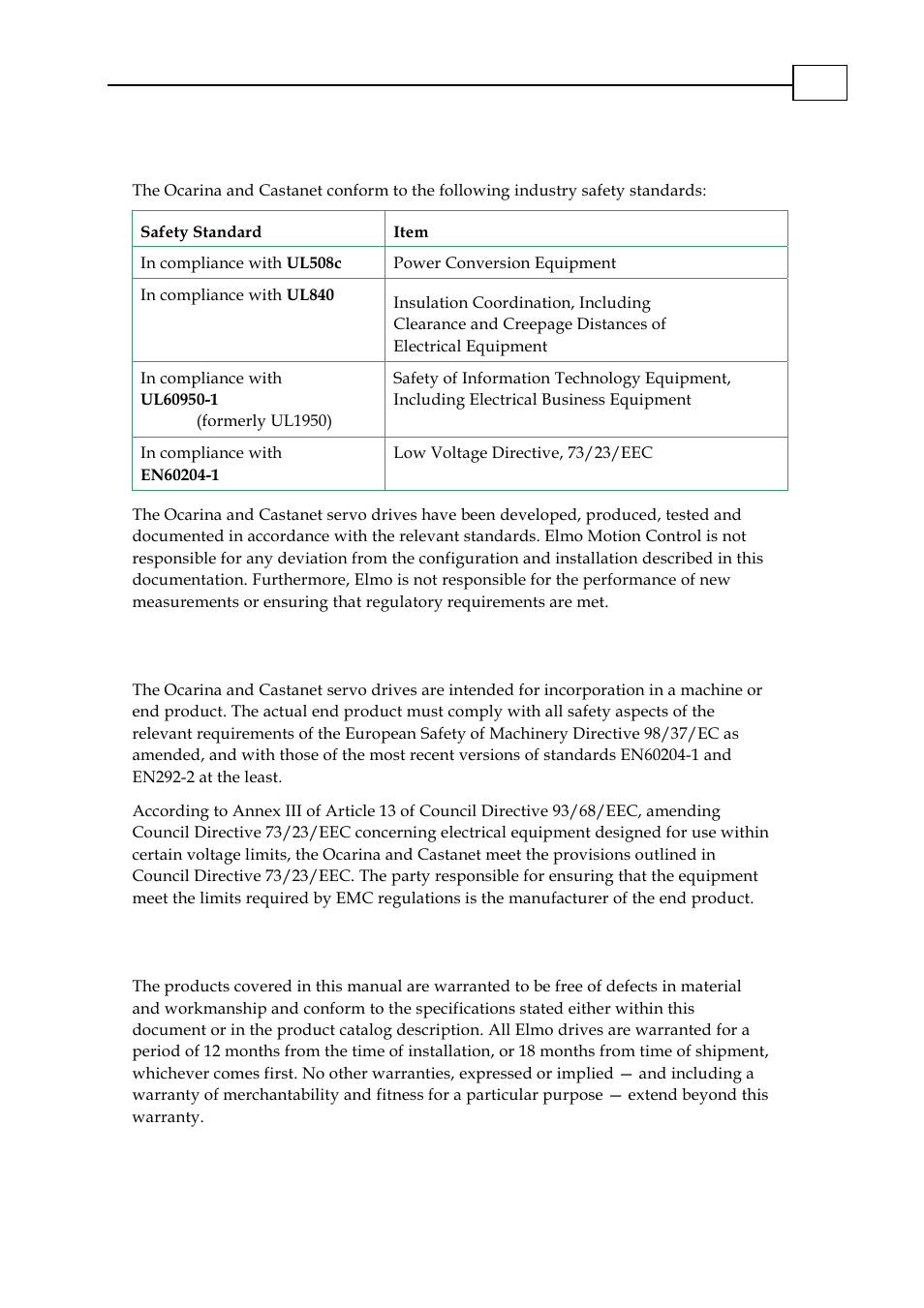 3 directives and standards, 4 ce mark conformance, 5 warranty information | ElmoMC SimplIQ Analog Servo Amplifiers-Ocarina Installation User Manual | Page 7 / 30