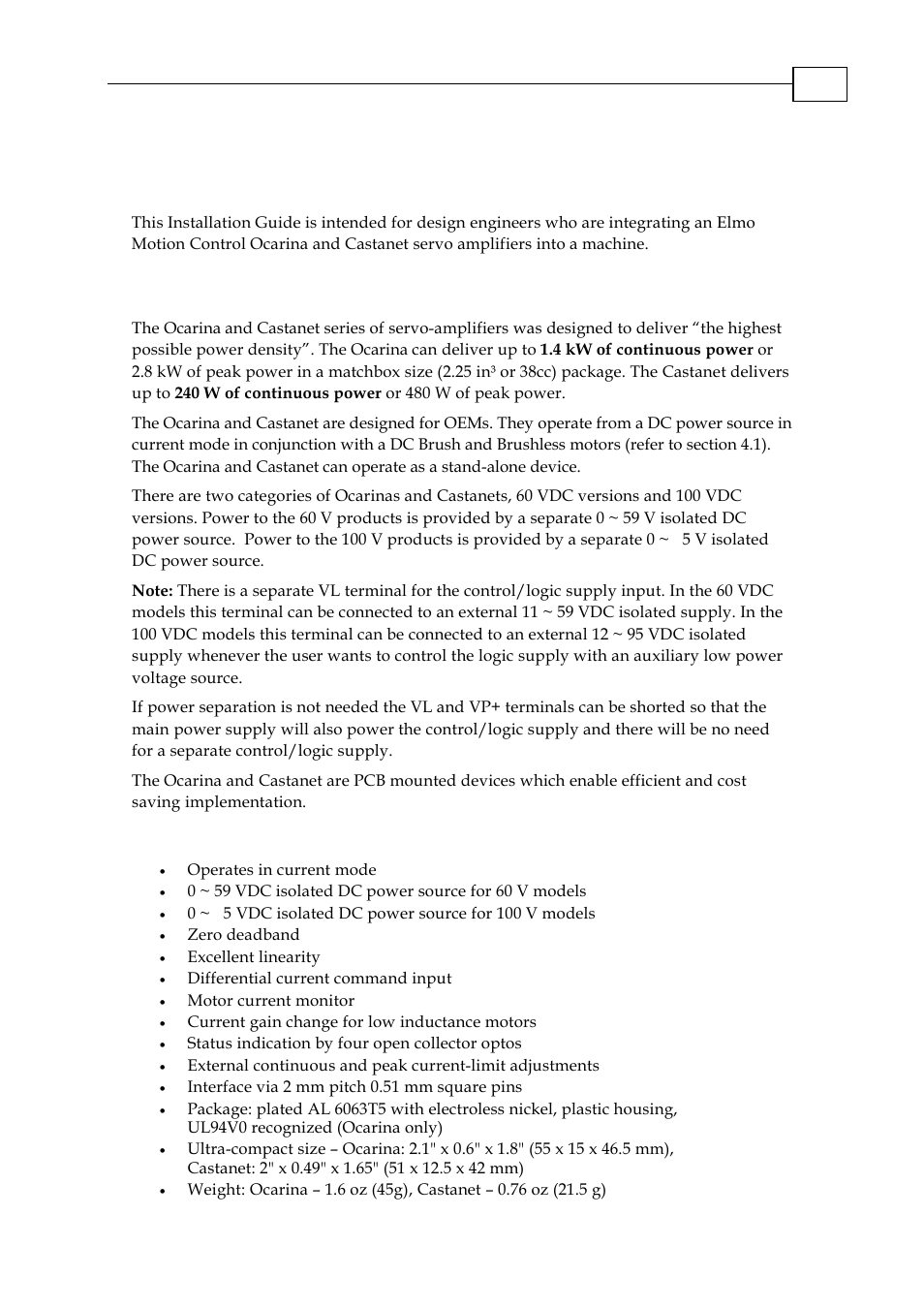 Chapter 2: introduction, 1 product description, 2 highlights | ElmoMC SimplIQ Analog Servo Amplifiers-Ocarina Installation User Manual | Page 8 / 30