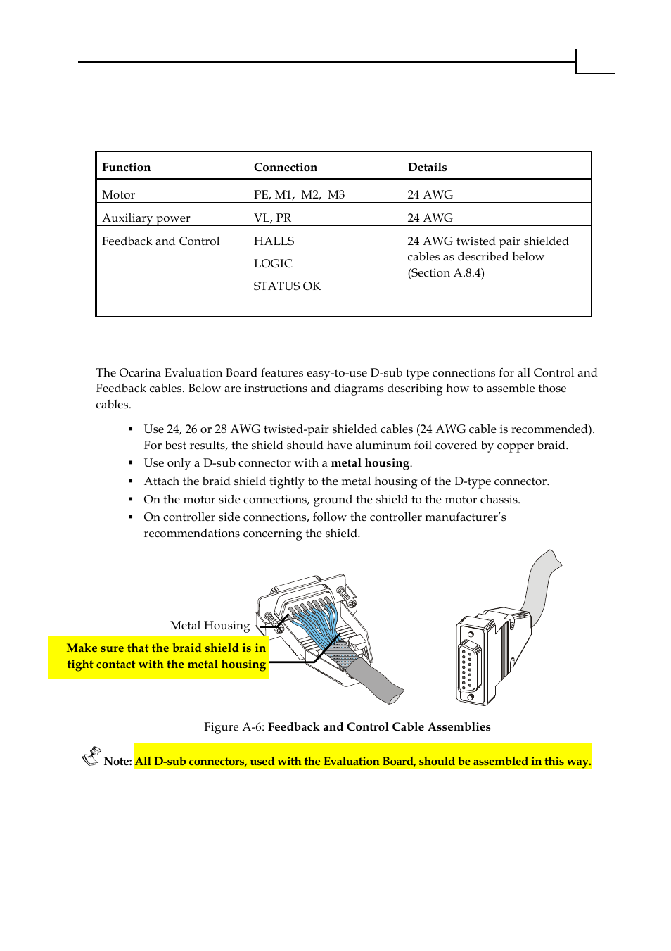 A.8.1 recommended wire cross sections, A.8.2 feedback and control cable assemblies | ElmoMC SimplIQ Analog Servo Amplifiers-Ocarina Evaluation Board User Guide User Manual | Page 30 / 31