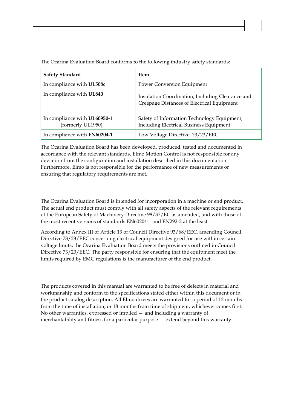 3 directives and standards, 4 ce mark conformance, 5 warranty information | ElmoMC SimplIQ Analog Servo Amplifiers-Ocarina Evaluation Board User Guide User Manual | Page 7 / 31