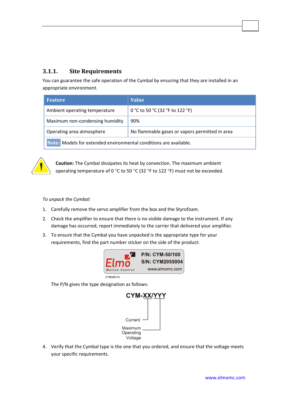 Chapter 3: installation, Before you begin, Site requirements | Unpacking the amplifier, Chapter 3, Installation | ElmoMC SimplIQ Analog Servo Amplifiers-Cymbal User Manual | Page 11 / 40