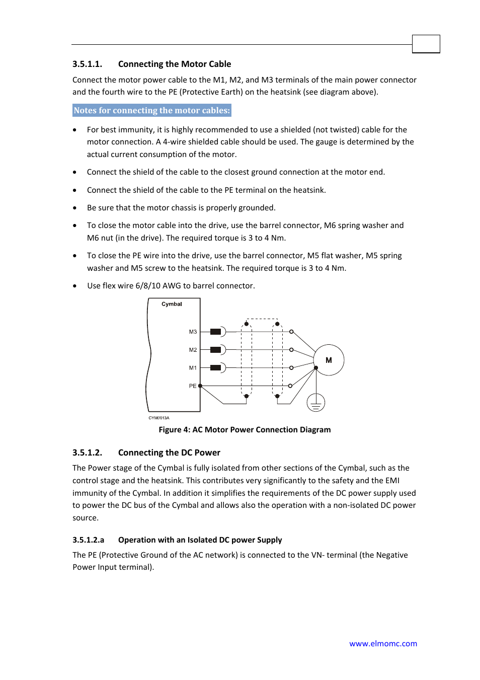 Connecting the motor cable, Connecting the dc power, A operation with an isolated dc power supply | ElmoMC SimplIQ Analog Servo Amplifiers-Cymbal User Manual | Page 19 / 40