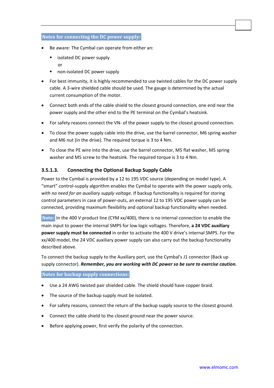 Connecting the optional backup supply cable | ElmoMC SimplIQ Analog Servo Amplifiers-Cymbal User Manual | Page 22 / 40