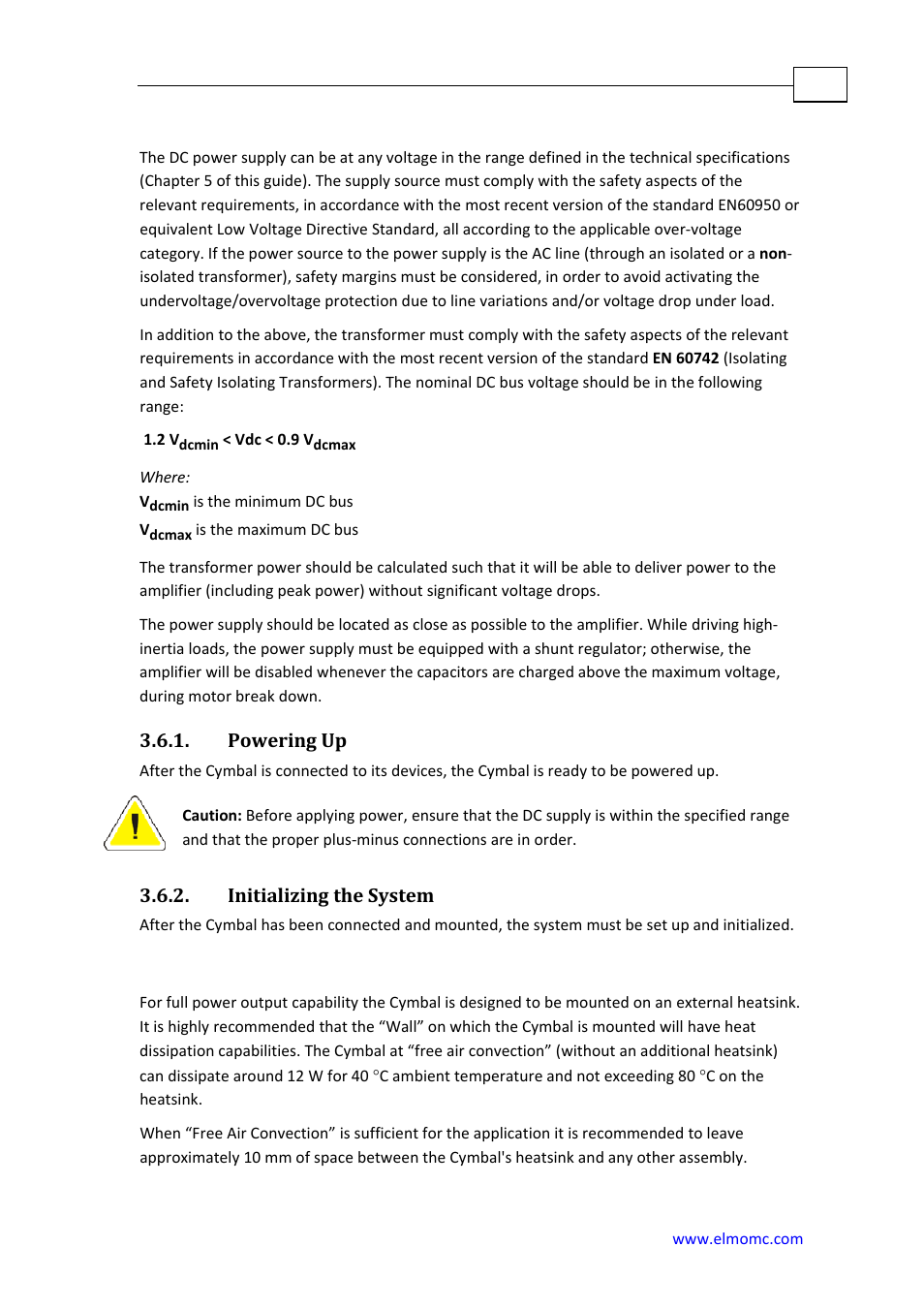 Dc power supply, Powering up, Initializing the system | Heat dissipation | ElmoMC SimplIQ Analog Servo Amplifiers-Cymbal User Manual | Page 29 / 40