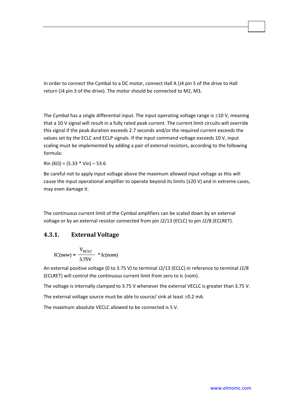 Chapter 4: servo control operation, Cymbal connected to dc motors, Current command input | External current limit - continuous (eclc), External voltage, Chapter 4, Servo control operation | ElmoMC SimplIQ Analog Servo Amplifiers-Cymbal User Manual | Page 33 / 40
