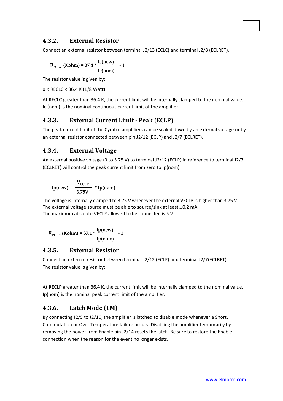 External resistor, External current limit - peak (eclp), External voltage | Latch mode (lm), External current limit ­ peak (eclp) | ElmoMC SimplIQ Analog Servo Amplifiers-Cymbal User Manual | Page 34 / 40