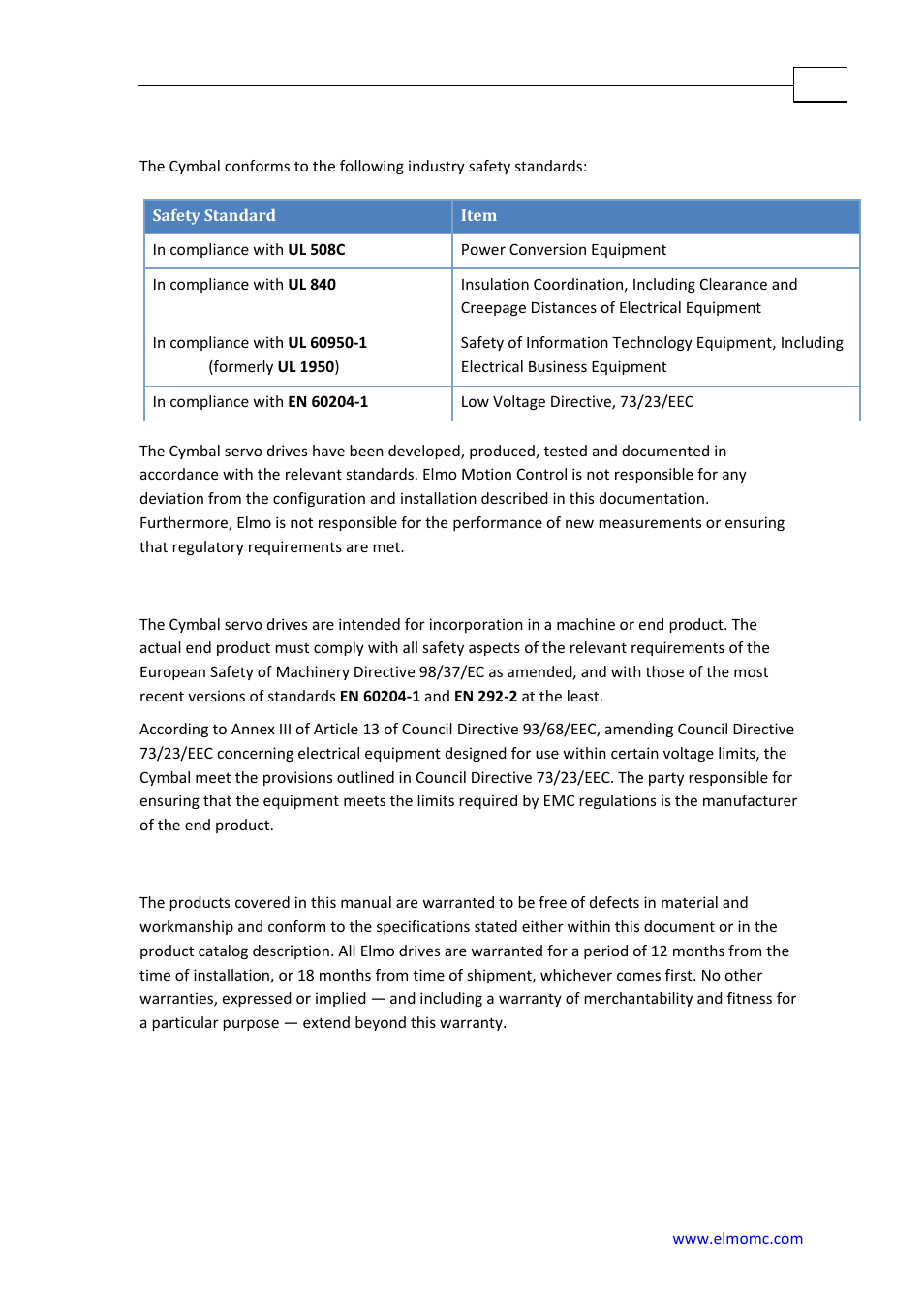 Directives and standards, Ce mark conformance, Warranty information | ElmoMC SimplIQ Analog Servo Amplifiers-Cymbal User Manual | Page 8 / 40