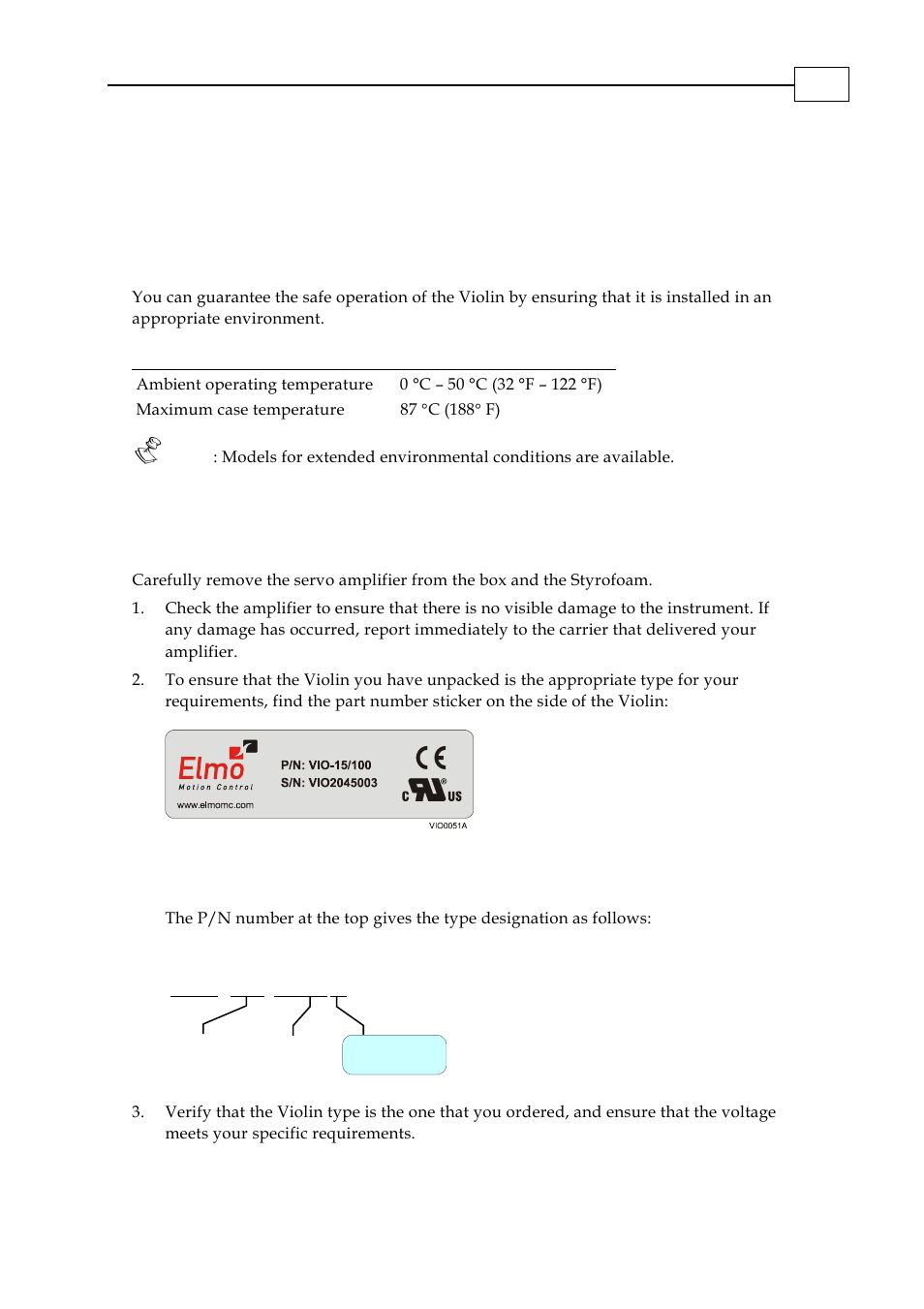 Installation, Site requirements, Unpacking the amplifier components | Chapter 3: installation, Vio-xx/yyy v, 1 site requirements, 2 unpacking the amplifier components | ElmoMC SimplIQ Analog Servo Amplifiers-Violin Installation User Manual | Page 10 / 23