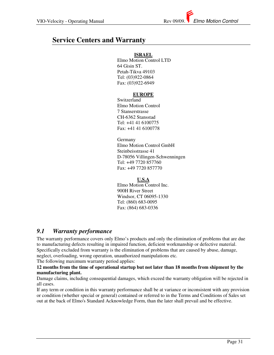 Service centers and warranty | ElmoMC SimplIQ Analog Servo Amplifiers-Violin Operating Manual User Manual | Page 35 / 35