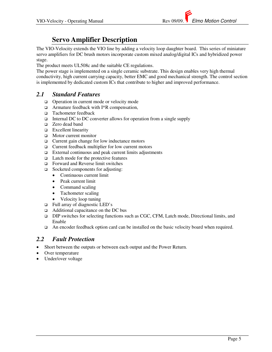 Servo amplifier description, 1 standard features, 2 fault protection | ElmoMC SimplIQ Analog Servo Amplifiers-Violin Operating Manual User Manual | Page 9 / 35