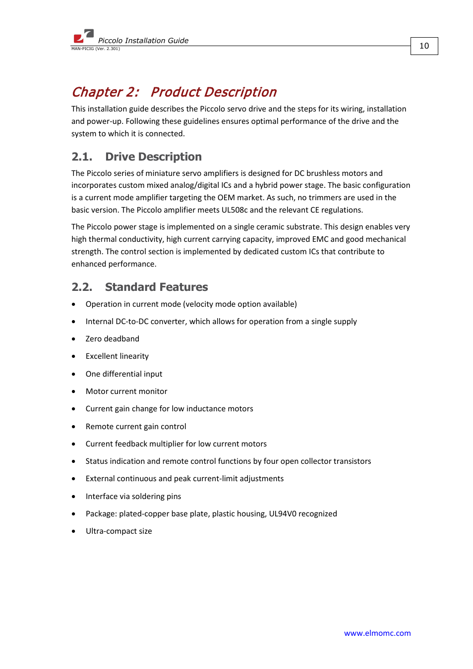 Chapter 2: product description, Drive description, Standard features | Chapter 2, Product description, Drive description 2.2. standard features | ElmoMC SimplIQ Analog Servo Amplifiers-Piccolo Installation User Manual | Page 10 / 32