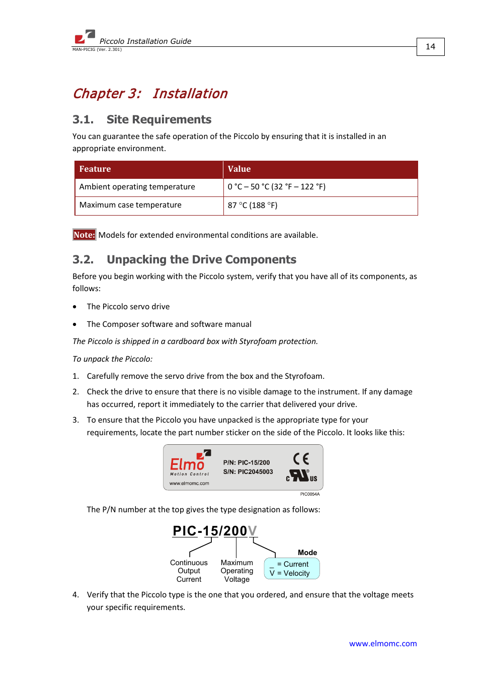 Chapter 3: installation, Site requirements, Unpacking the drive components | Chapter 3, Installation | ElmoMC SimplIQ Analog Servo Amplifiers-Piccolo Installation User Manual | Page 14 / 32