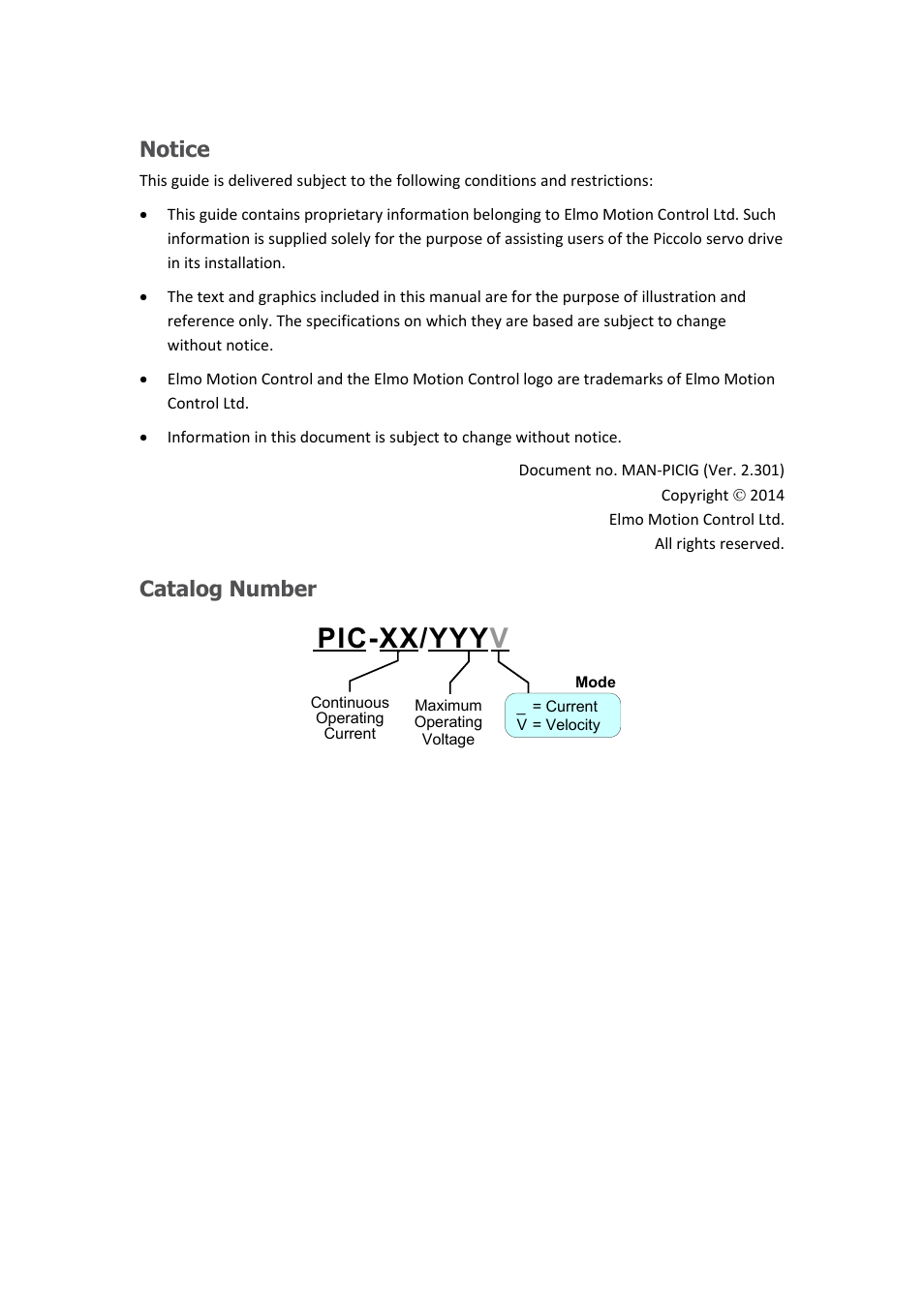 Pic-xx/yyy v, Notice, Catalog number | ElmoMC SimplIQ Analog Servo Amplifiers-Piccolo Installation User Manual | Page 2 / 32