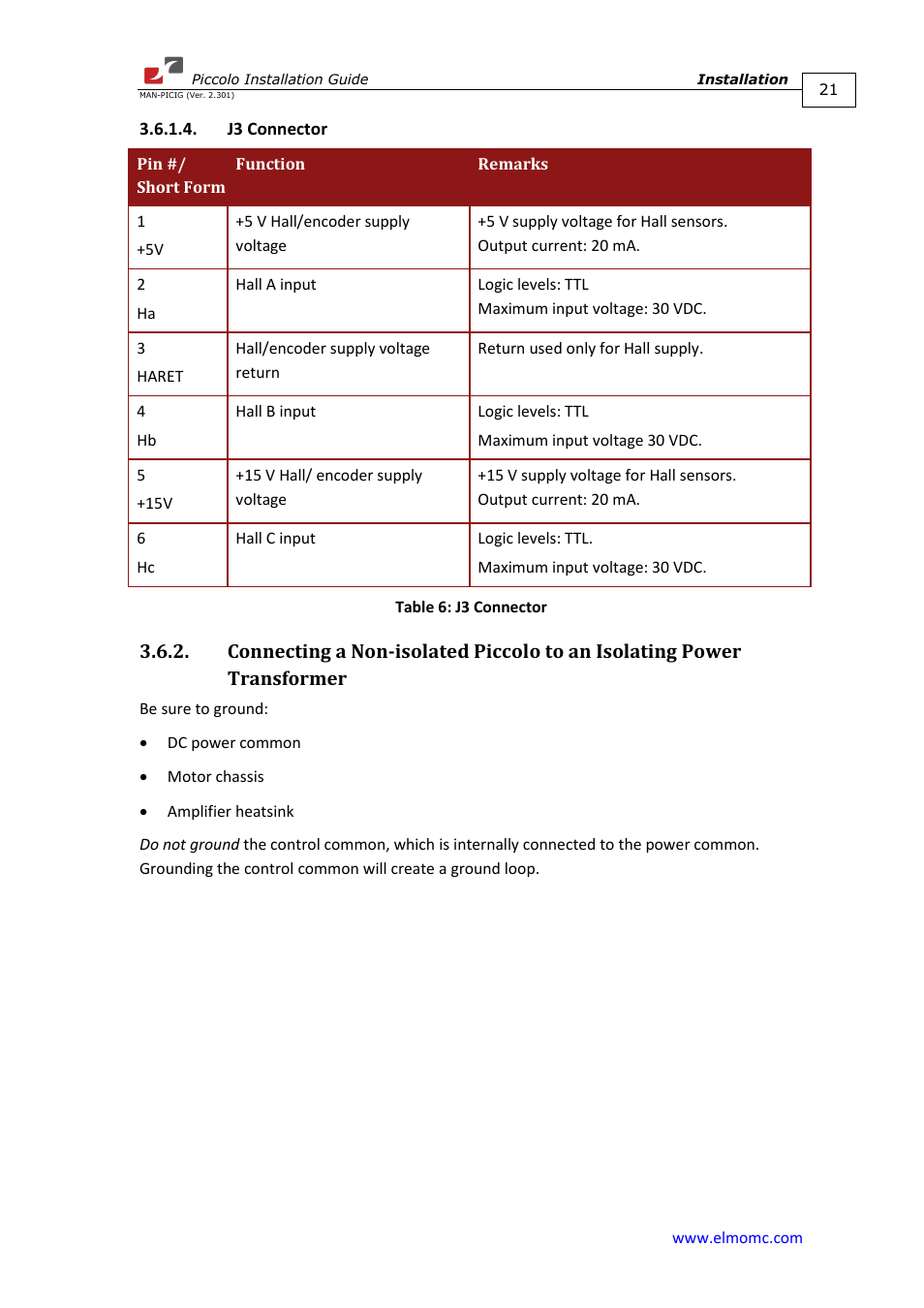 J3 connector | ElmoMC SimplIQ Analog Servo Amplifiers-Piccolo Installation User Manual | Page 21 / 32