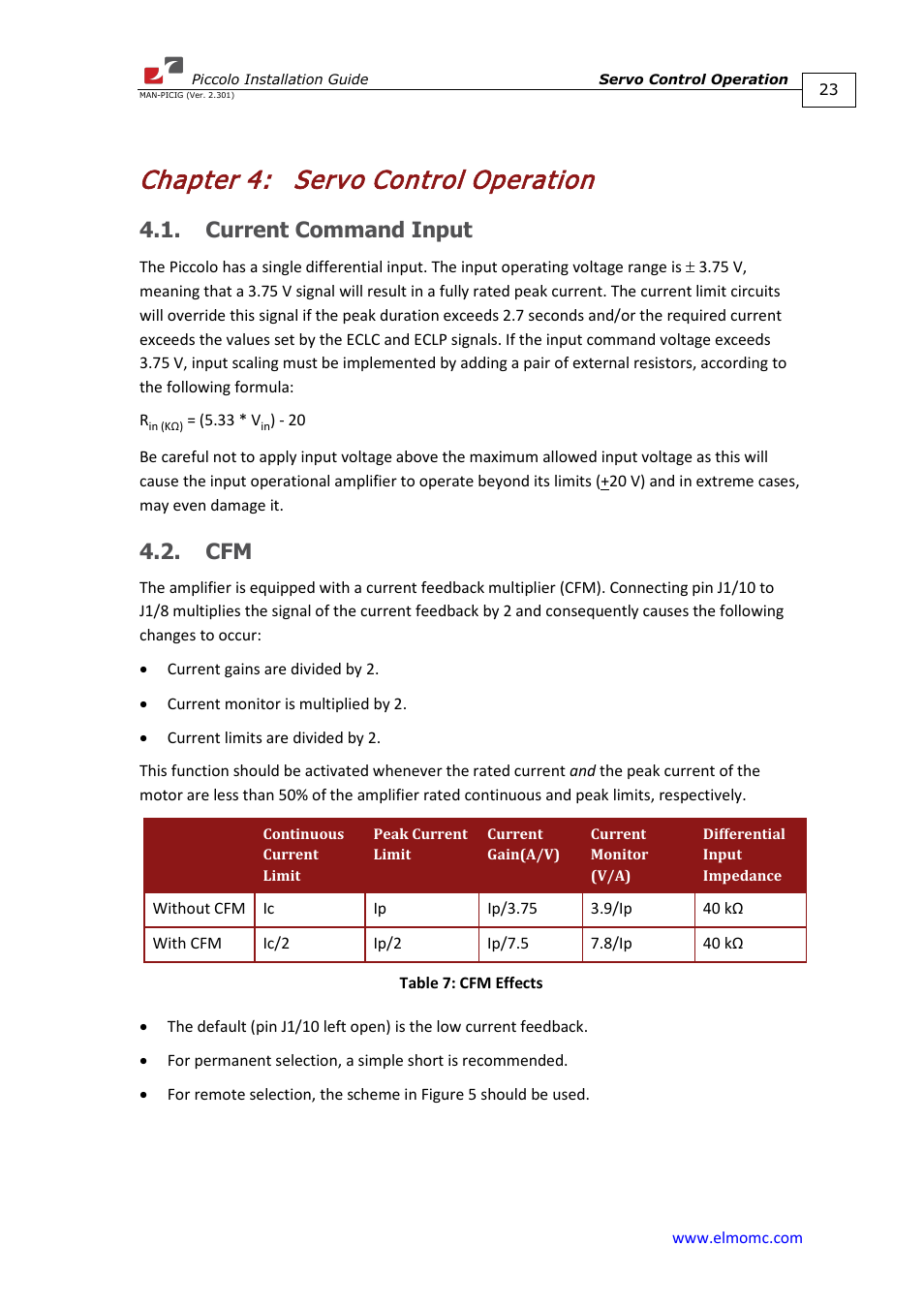 Chapter 4: servo control operation, Current command input, Chapter 4 | Servo control operation, Current command input 4.2. cfm | ElmoMC SimplIQ Analog Servo Amplifiers-Piccolo Installation User Manual | Page 23 / 32