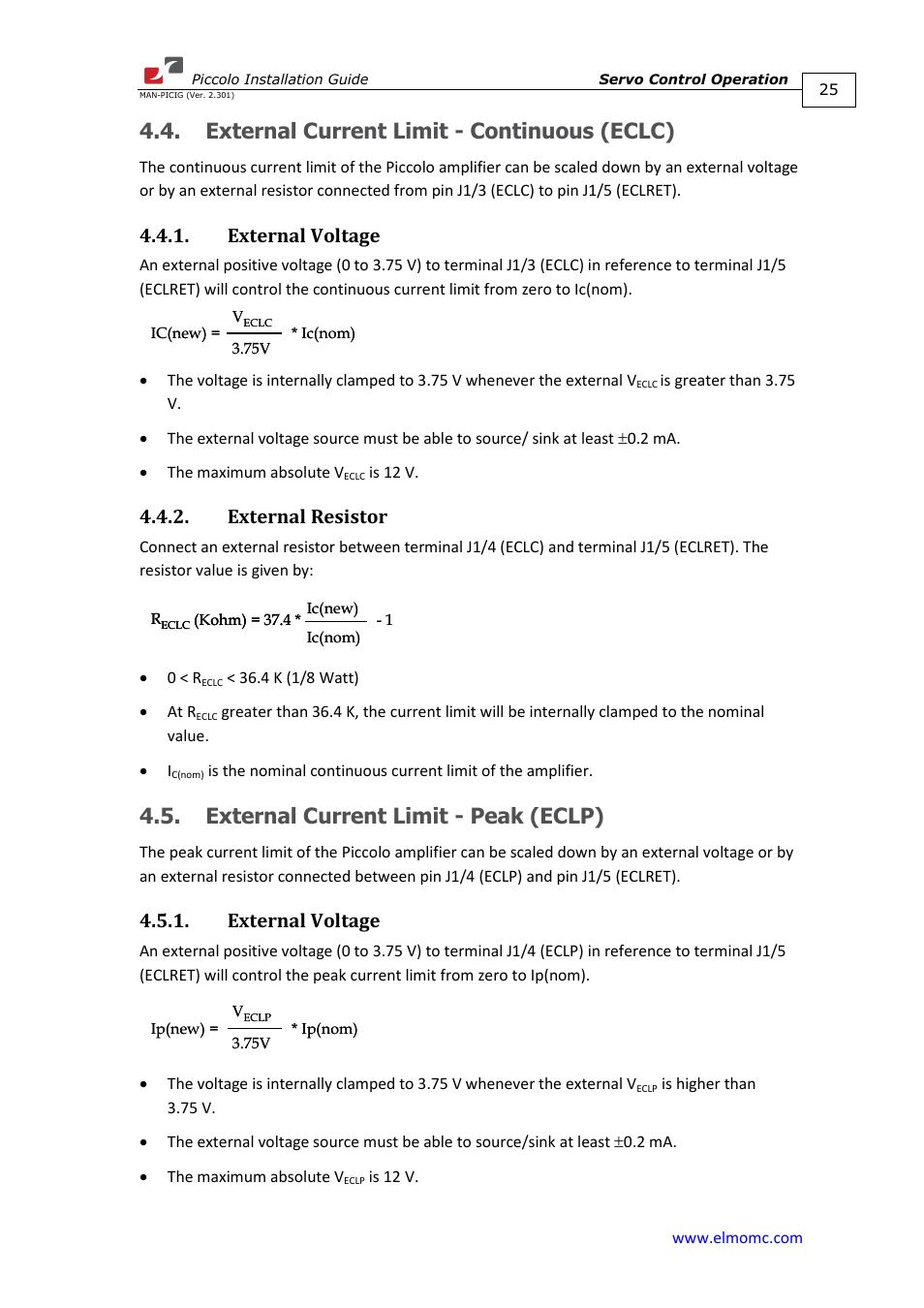 External current limit - continuous (eclc), External voltage, External resistor | External current limit - peak (eclp), External voltage 4.4.2. external resistor | ElmoMC SimplIQ Analog Servo Amplifiers-Piccolo Installation User Manual | Page 25 / 32