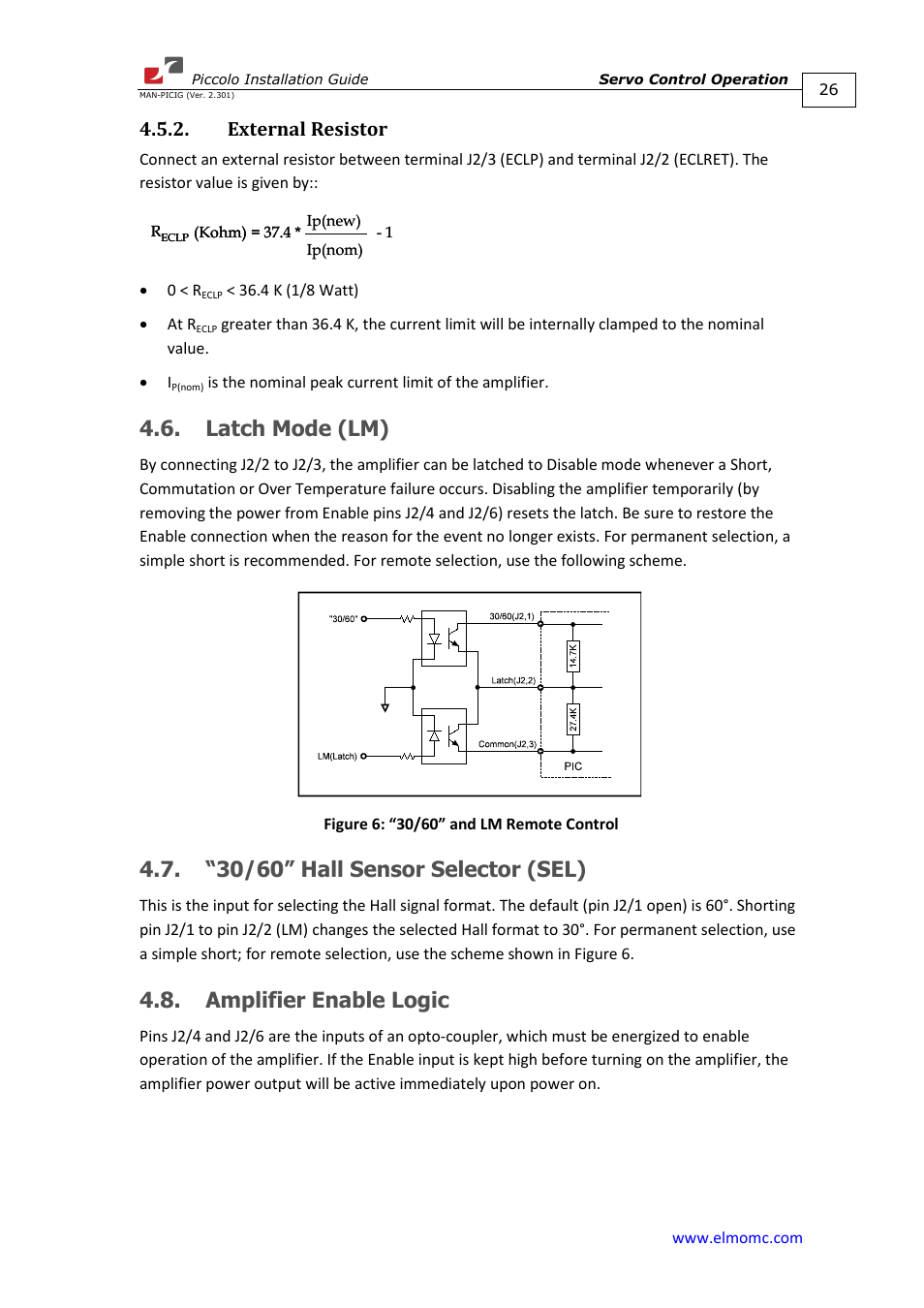 External resistor, Latch mode (lm), “30/60” hall sensor selector (sel) | Amplifier enable logic | ElmoMC SimplIQ Analog Servo Amplifiers-Piccolo Installation User Manual | Page 26 / 32