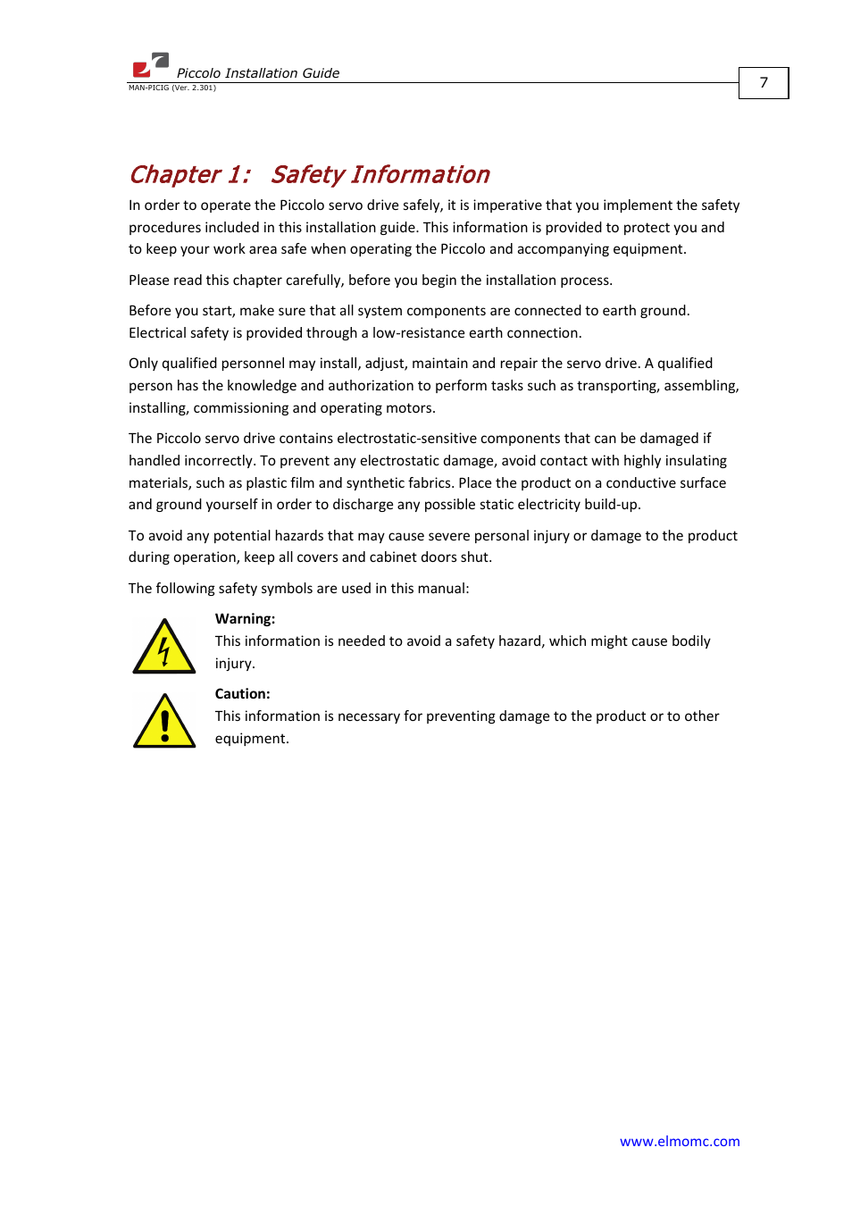 Chapter 1: safety information, Chapter 1, Safety information | ElmoMC SimplIQ Analog Servo Amplifiers-Piccolo Installation User Manual | Page 7 / 32