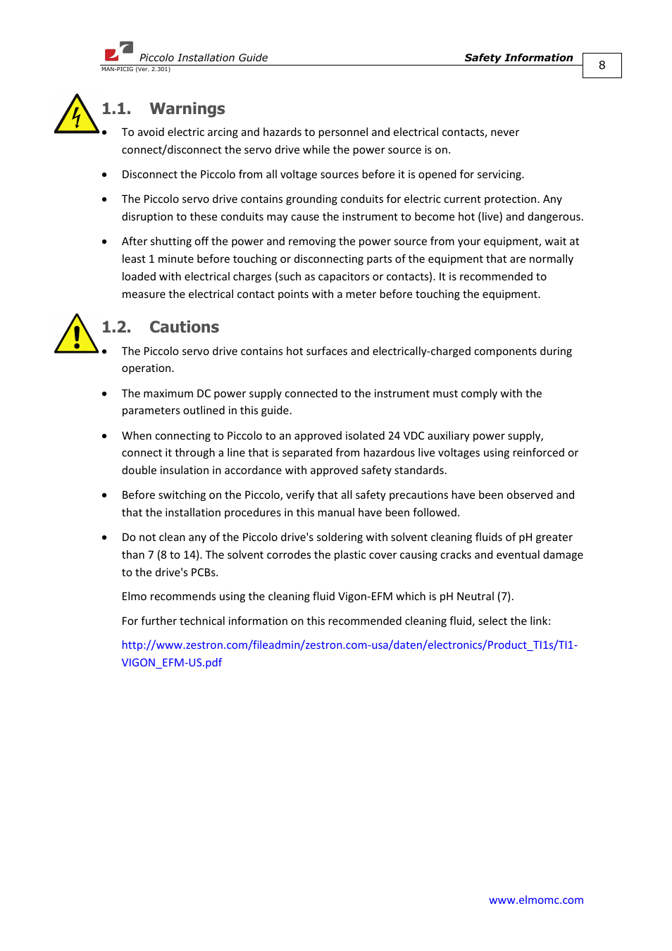 Warnings, Cautions, Warnings 1.2. cautions | ElmoMC SimplIQ Analog Servo Amplifiers-Piccolo Installation User Manual | Page 8 / 32