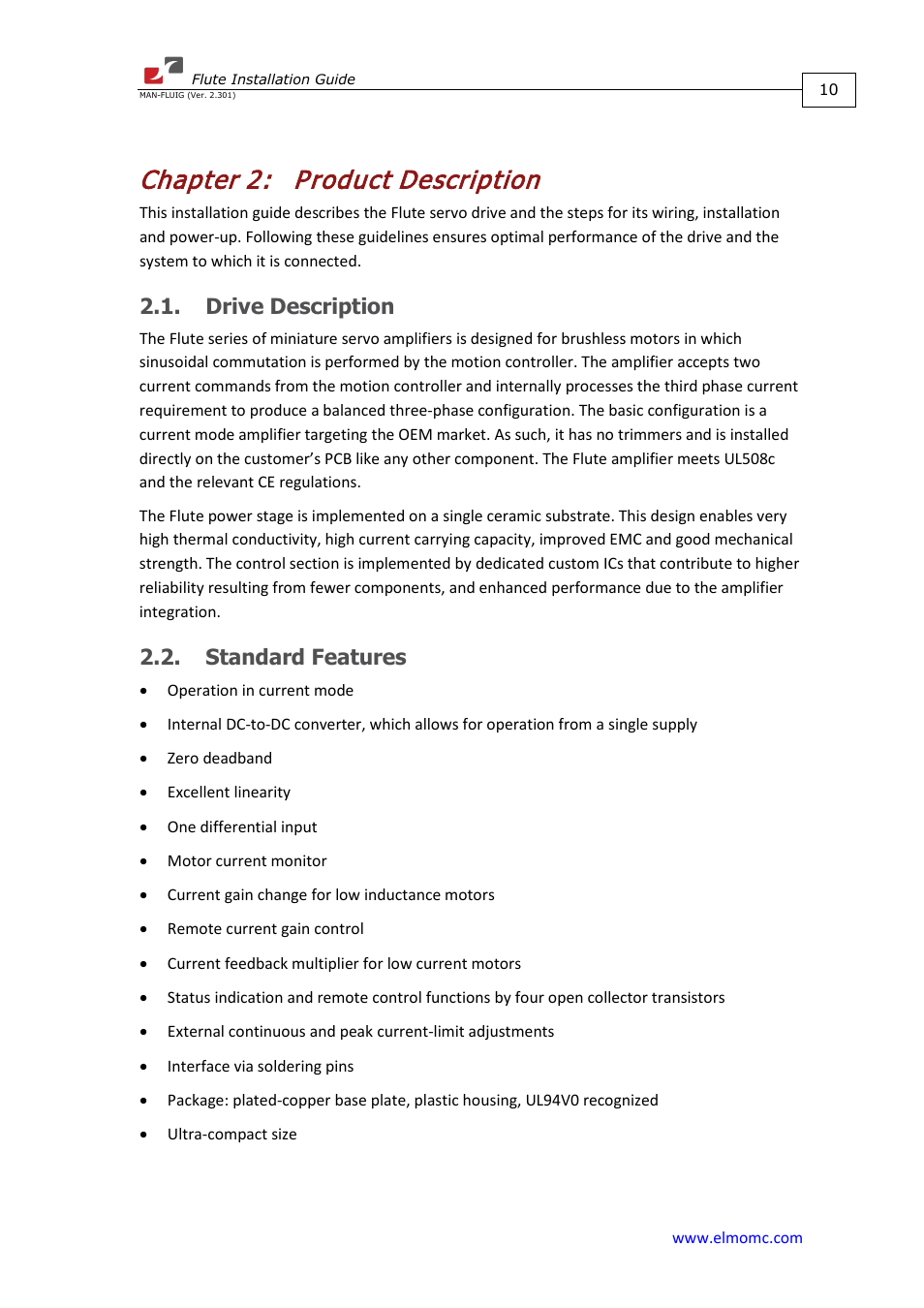 Chapter 2: product description, Drive description, Standard features | Chapter 2, Product description, Drive description 2.2. standard features | ElmoMC SimplIQ Analog Servo Amplifiers-Flute Installation User Manual | Page 10 / 33