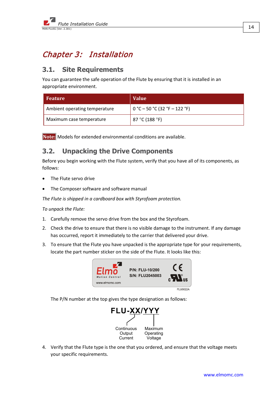 Chapter 3: installation, Site requirements, Unpacking the drive components | Chapter 3, Installation, Flu-xx/yyy | ElmoMC SimplIQ Analog Servo Amplifiers-Flute Installation User Manual | Page 14 / 33