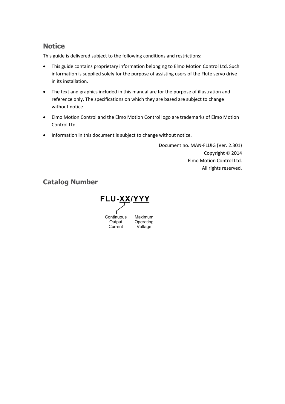 Flu-xx/yyy, Notice, Catalog number | ElmoMC SimplIQ Analog Servo Amplifiers-Flute Installation User Manual | Page 2 / 33