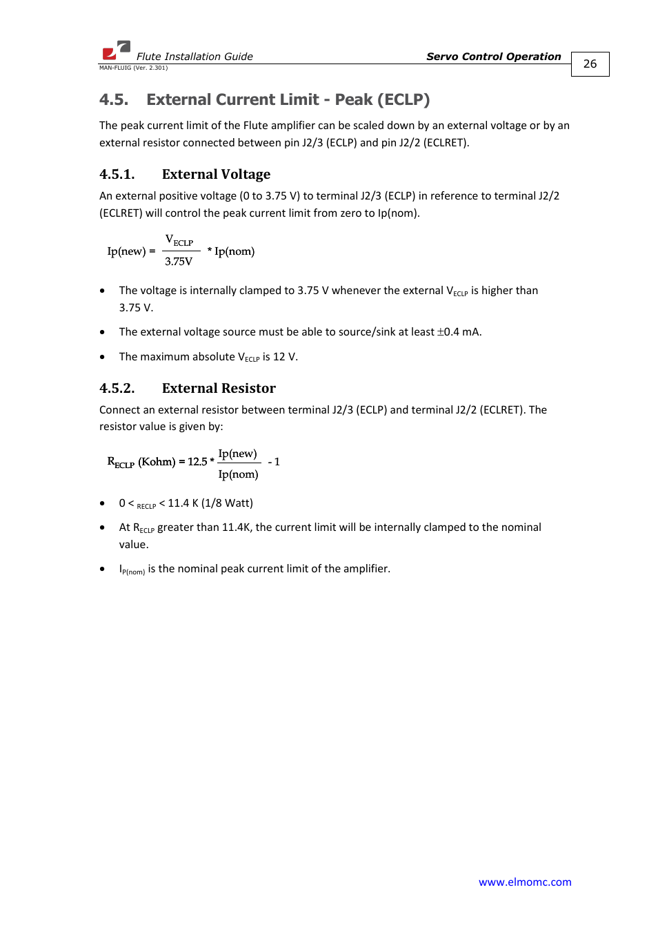 External current limit - peak (eclp), External voltage, External resistor | External voltage 4.5.2. external resistor | ElmoMC SimplIQ Analog Servo Amplifiers-Flute Installation User Manual | Page 26 / 33