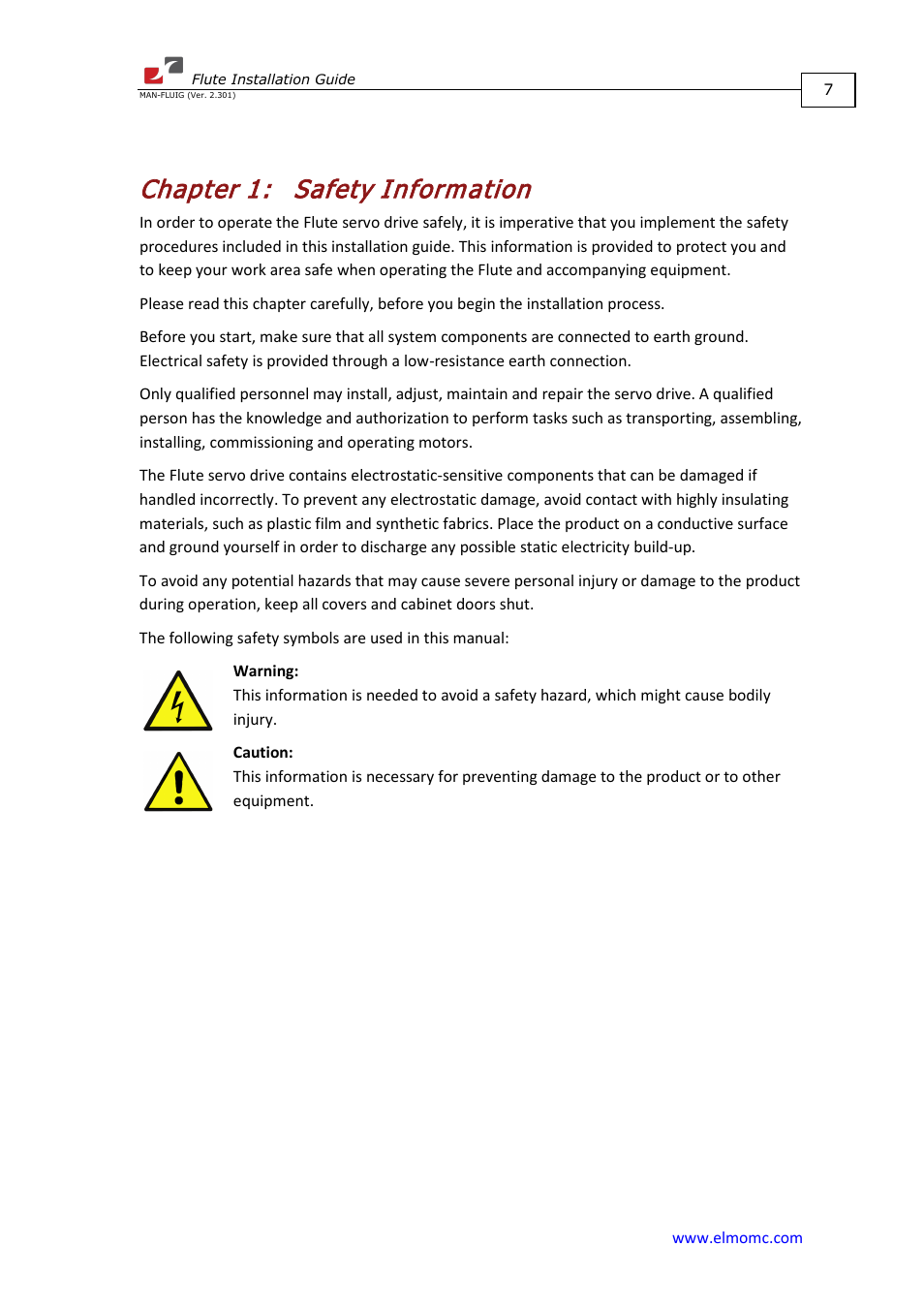 Chapter 1: safety information, Chapter 1, Safety information | ElmoMC SimplIQ Analog Servo Amplifiers-Flute Installation User Manual | Page 7 / 33
