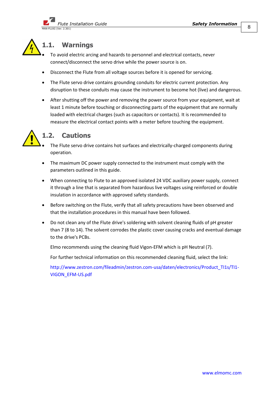 Warnings, Cautions, Warnings 1.2. cautions | ElmoMC SimplIQ Analog Servo Amplifiers-Flute Installation User Manual | Page 8 / 33