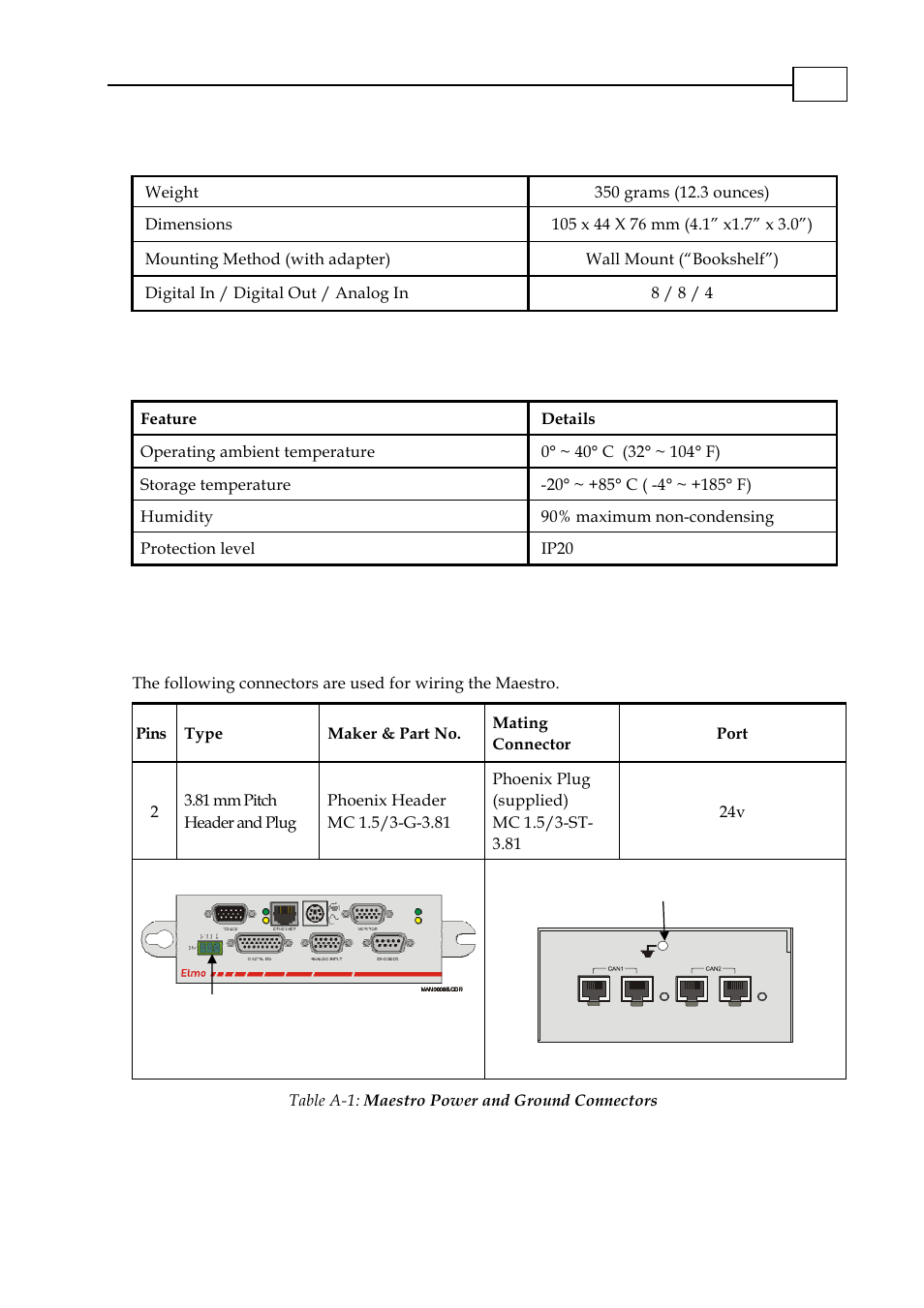 A.2 general specifications, A.3 environmental conditions, A.4 maestro connections | ElmoMC Multi-Axis Motion Controller-Maestro Installation Guide User Manual | Page 38 / 46