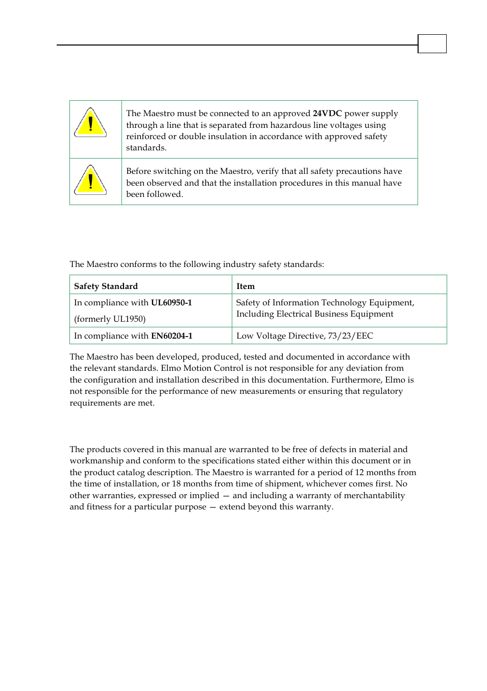 1 cautions, 2 directives and standards, 3 warranty information | ElmoMC Multi-Axis Motion Controller-Maestro Installation Guide User Manual | Page 6 / 46