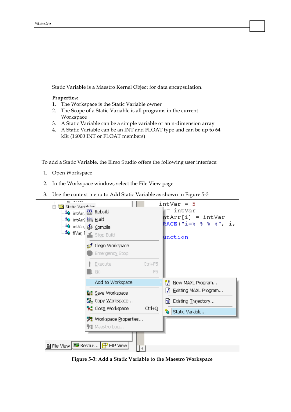 9 static variables, 1 static variable definition, 2 elmo studio user interface for static variables | ElmoMC Multi-Axis Motion Controller-Maestro User Manual | Page 102 / 313
