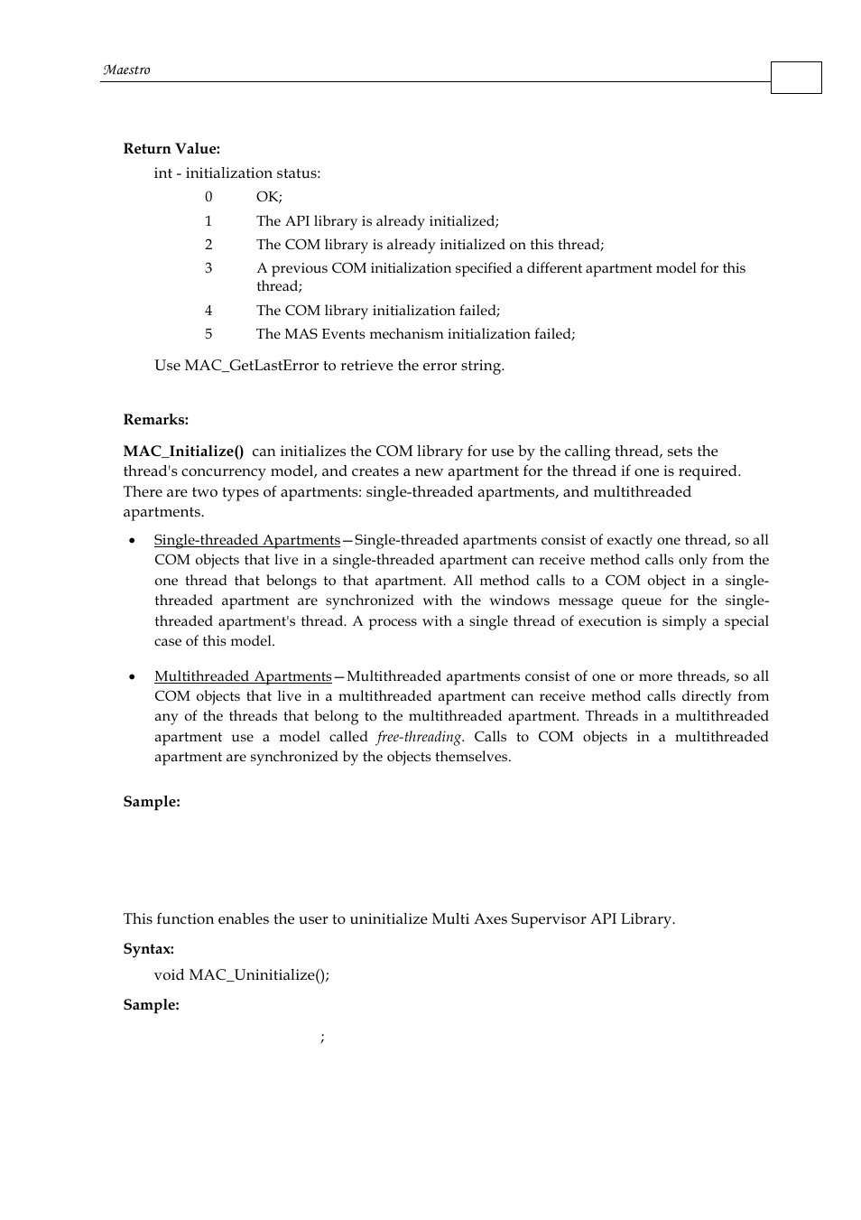 2 mac_uninitialize | ElmoMC Multi-Axis Motion Controller-Maestro User Manual | Page 109 / 313