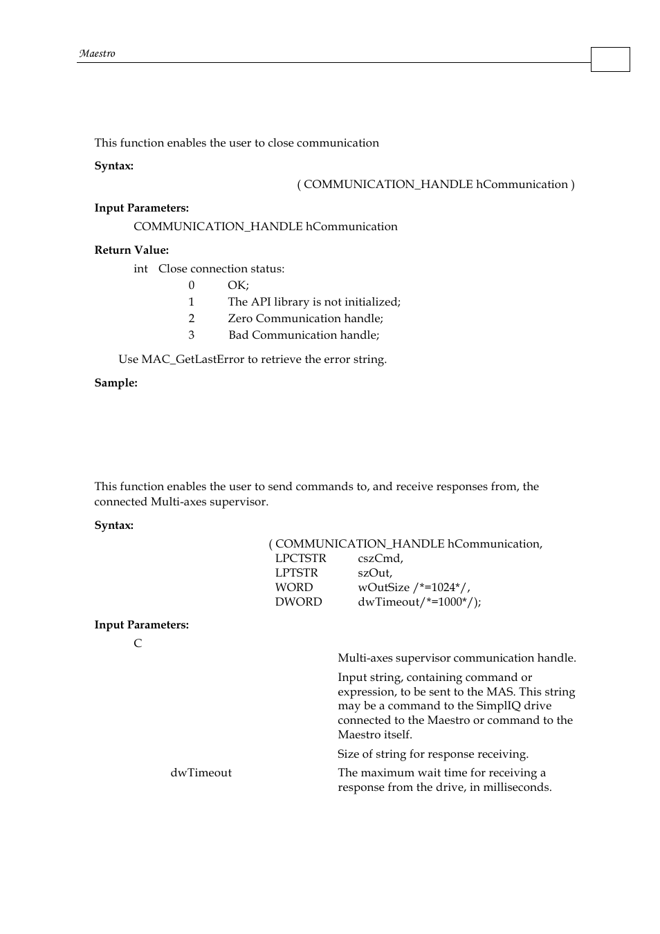 5 mac_closeconnection, 6 mac_sendcommand | ElmoMC Multi-Axis Motion Controller-Maestro User Manual | Page 112 / 313
